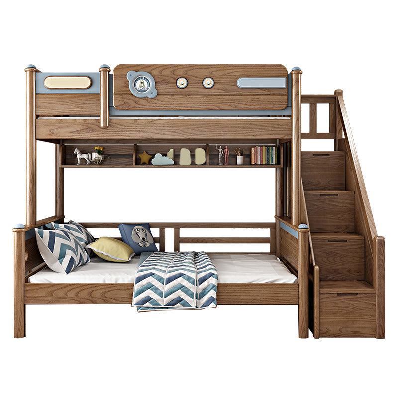 Brown Ash Standard Bunk Bed Solid Wood Scandinavian Bed with Guardrail