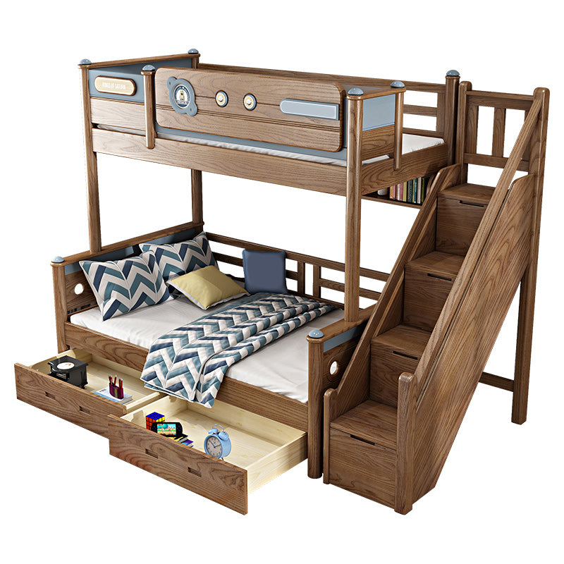 Brown Ash Standard Bunk Bed Solid Wood Scandinavian Bed with Guardrail
