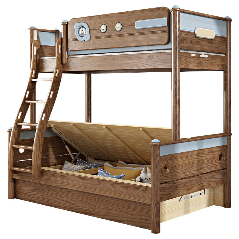 Brown Ash Standard Bunk Bed Solid Wood Scandinavian Bed with Guardrail