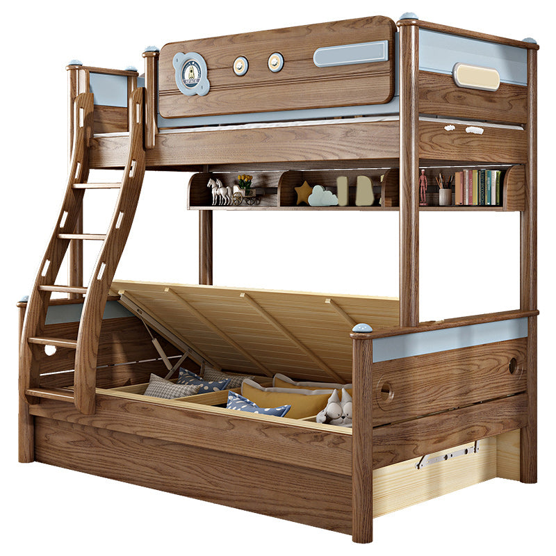 Brown Ash Standard Bunk Bed Solid Wood Scandinavian Bed with Guardrail