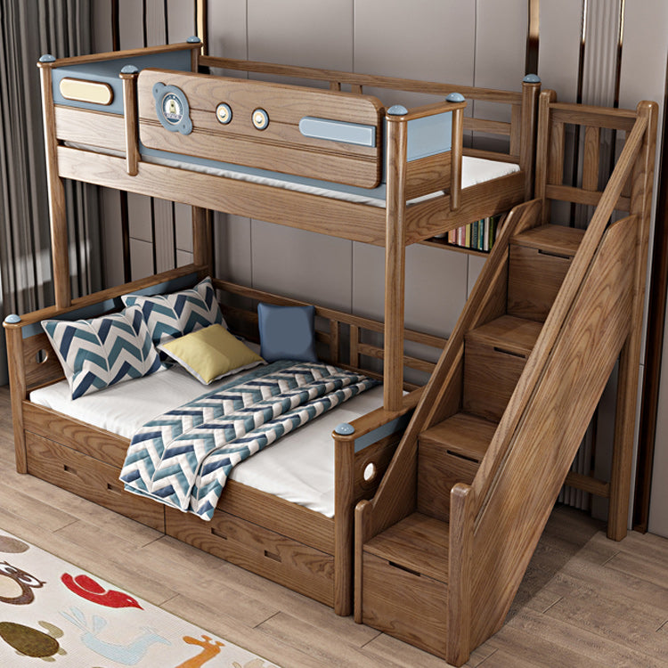 Brown Ash Standard Bunk Bed Solid Wood Scandinavian Bed with Guardrail