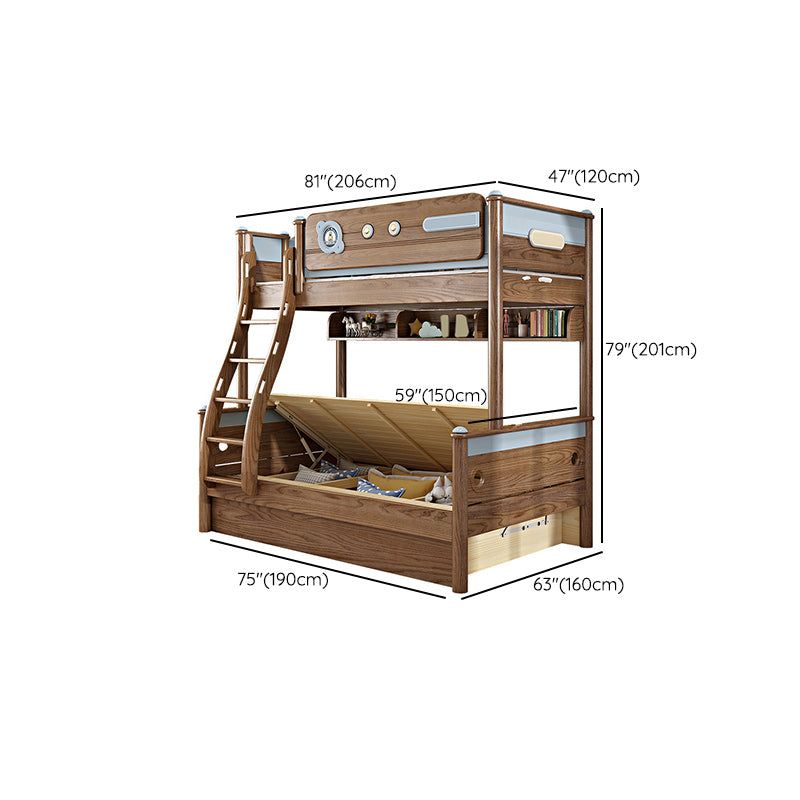 Brown Ash Standard Bunk Bed Solid Wood Scandinavian Bed with Guardrail