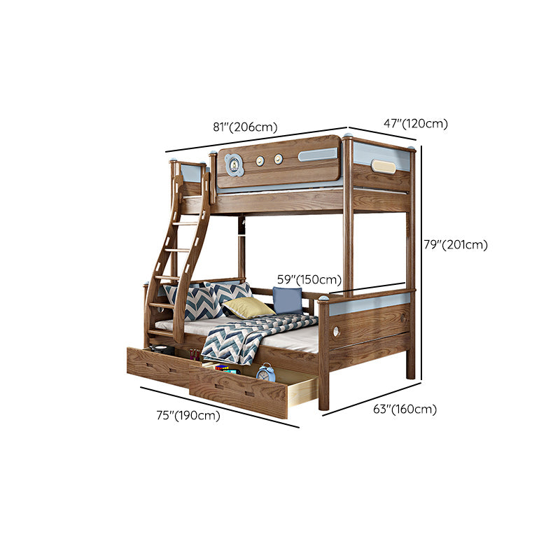 Brown Ash Standard Bunk Bed Solid Wood Scandinavian Bed with Guardrail