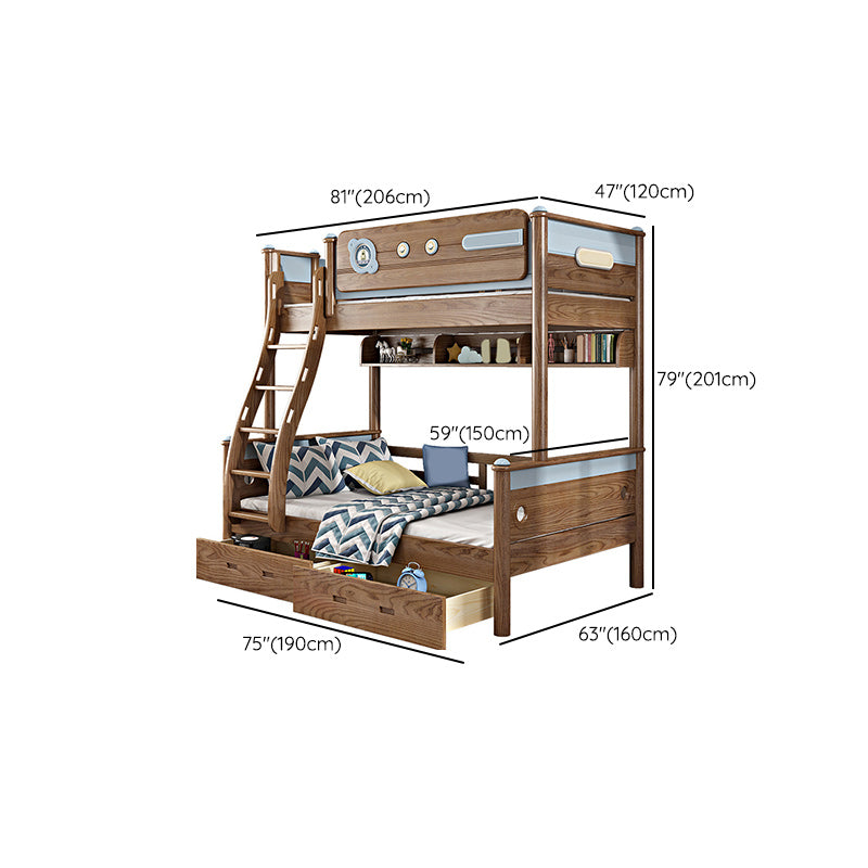 Brown Ash Standard Bunk Bed Solid Wood Scandinavian Bed with Guardrail