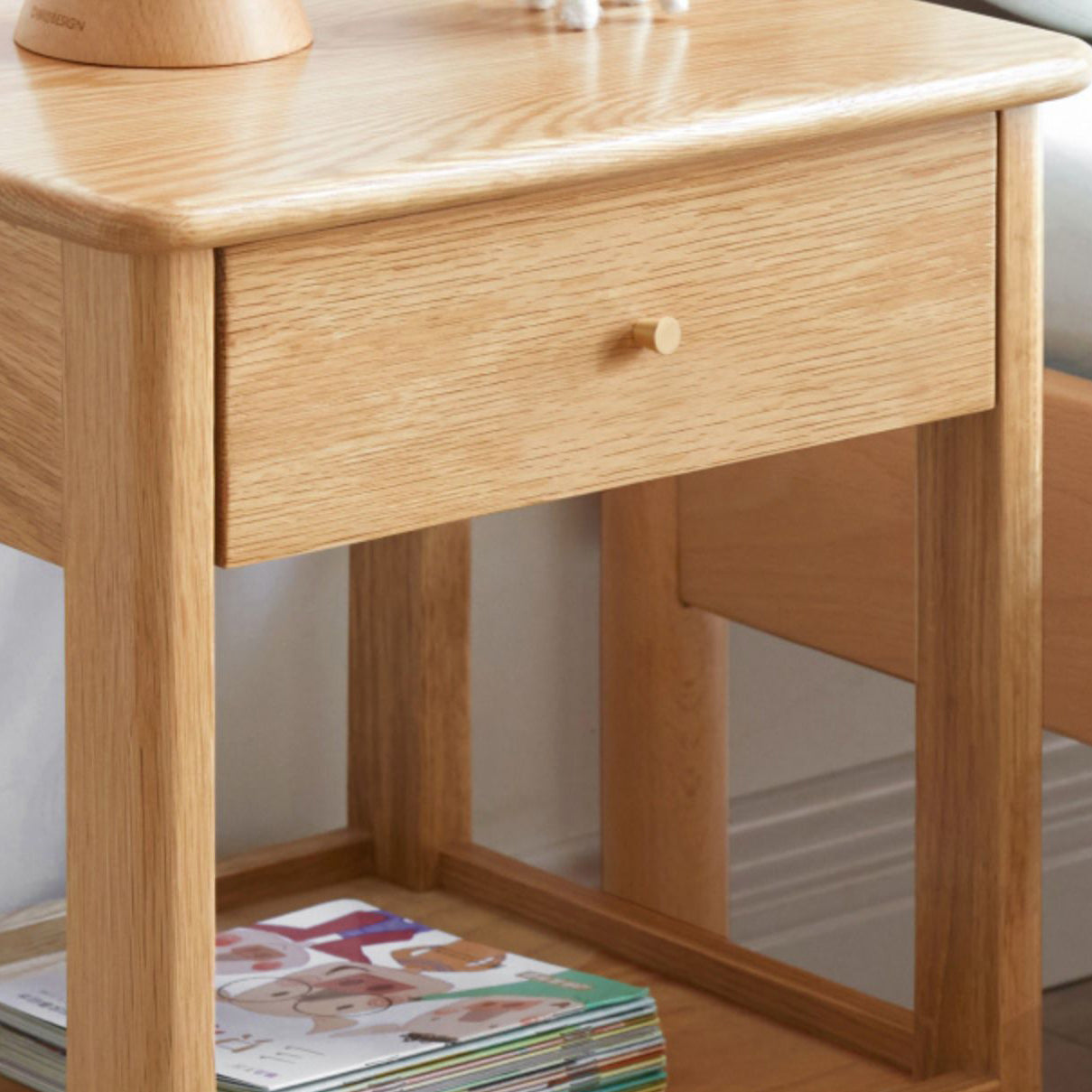 Oak and Beech Nightstand Storage Bedside Table for Nursery with Shelves