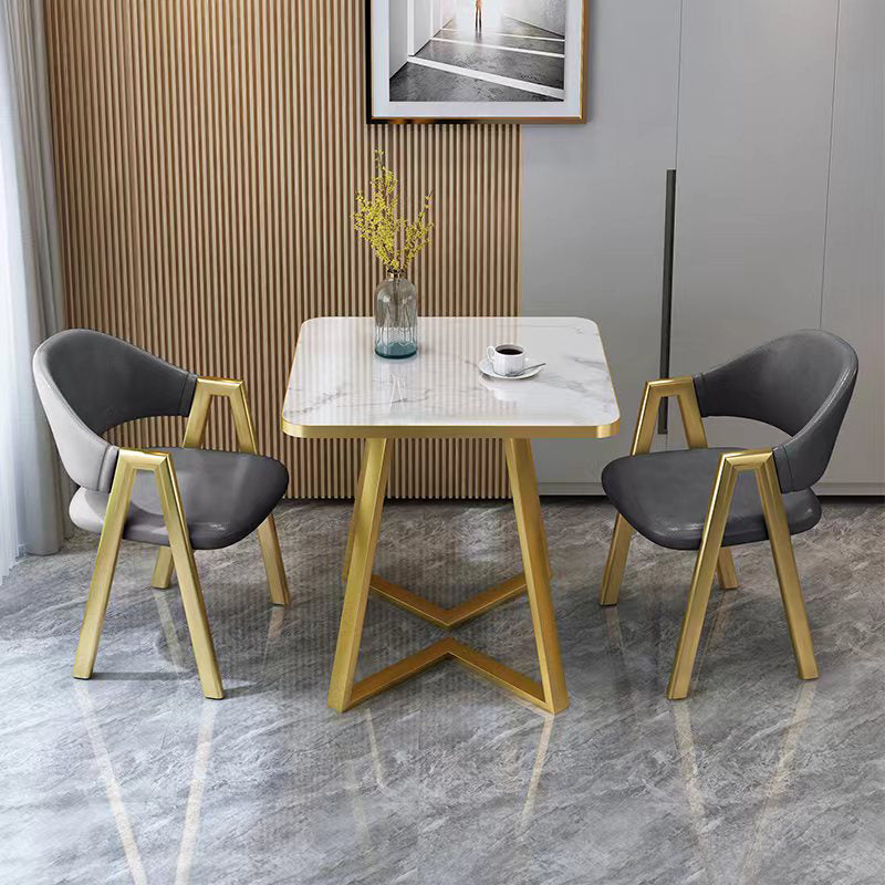 Glam Stone Square White Dining Table Metal Base for Dining Room