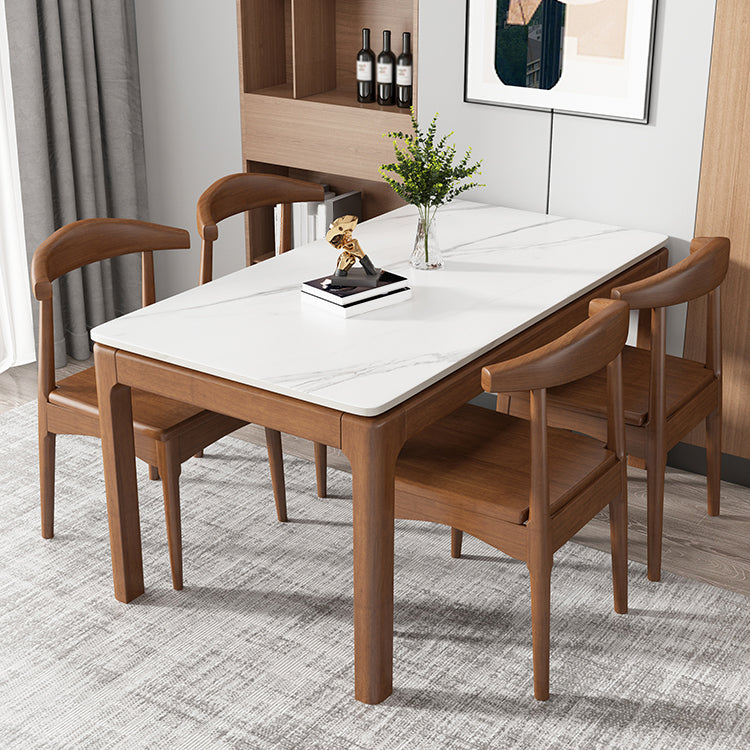 Rectangle Stone Top Dining Table Rubberwood Solid Wood 4 Legs Dining Table