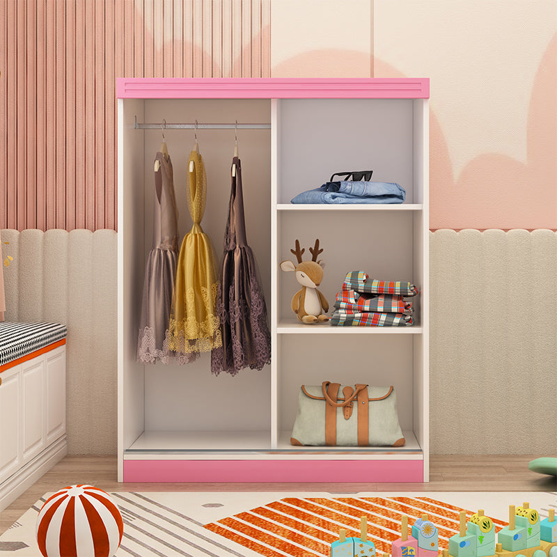 Blue and Pink Wardrobe Armoire Wood Hanging Clothes Rack for Bedroom