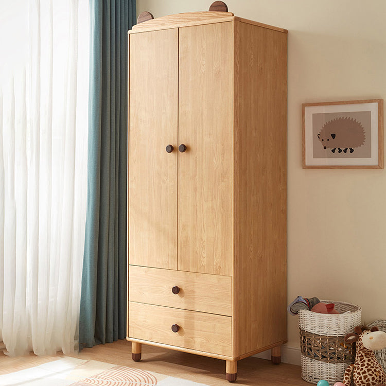 Bear Hanging Clothes Rack Brown Solid Wood Dress Up Unit with Doors