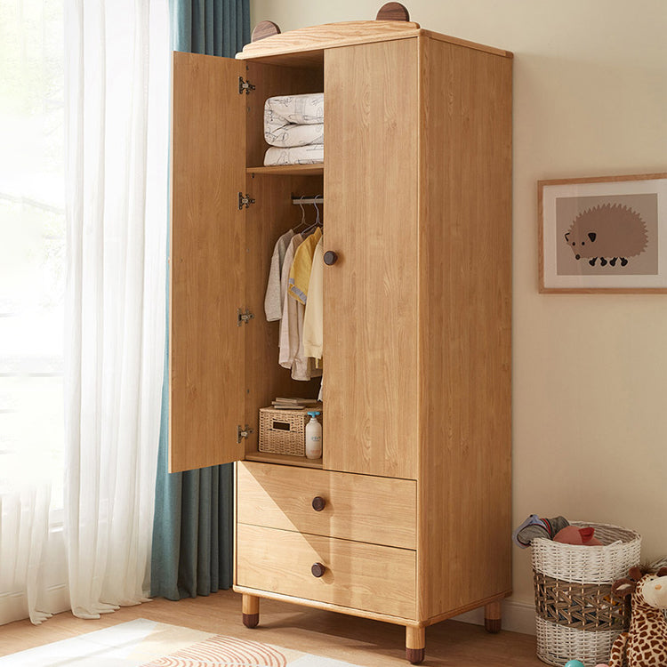 Bear Hanging Clothes Rack Brown Solid Wood Dress Up Unit with Doors