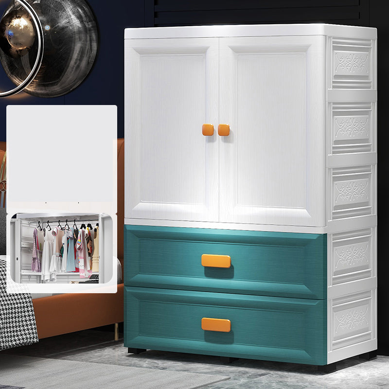 Contemporary Kid's Wardrobe Plastic Bedroom Armoire with Drawers and Garment Rod