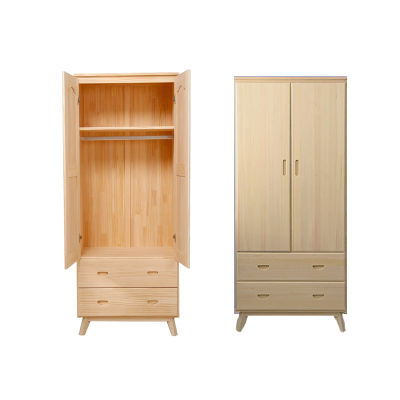 Light Brown Wooden Kid's Wardrobe 2-Drawer Glossy Kids Closet