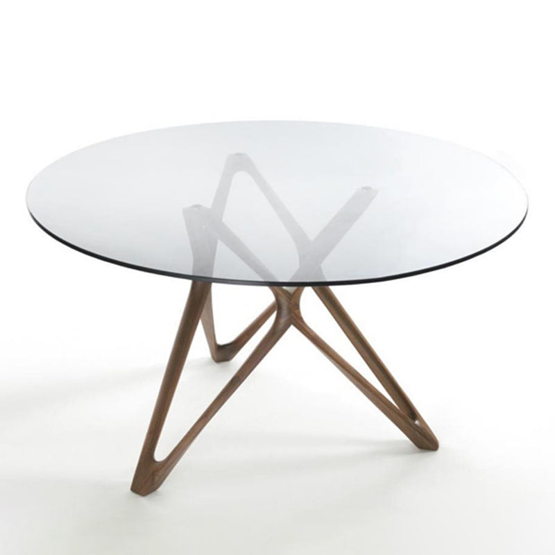 Modern Round Glass Desktop Dining Table Walnut Base for Dining Room