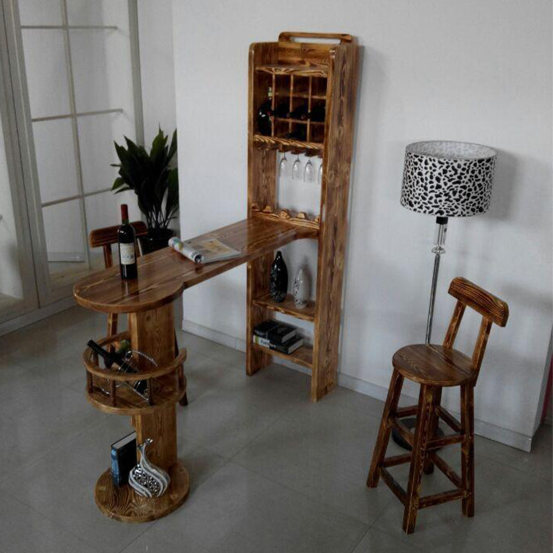 Brown Pine Wood Bistro Table with Wine Holder Pub Table for Home
