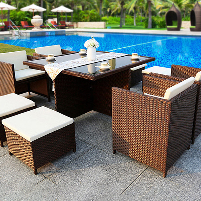 Rattan Dining Table Set with Black Tempered Glass Table for Courtyard