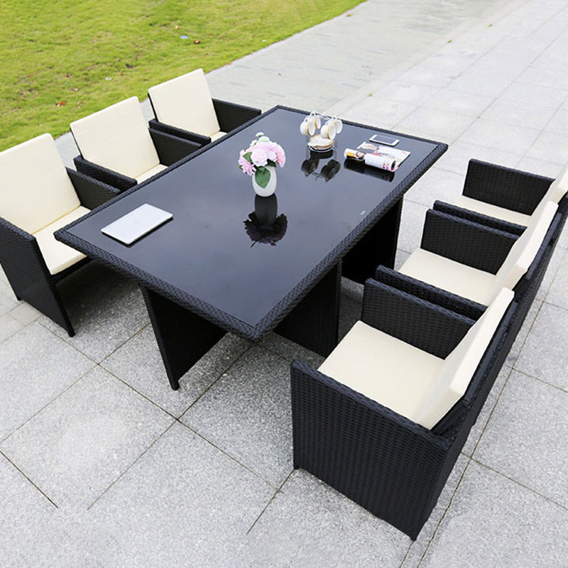 Rattan Dining Table Set with Black Tempered Glass Table for Courtyard
