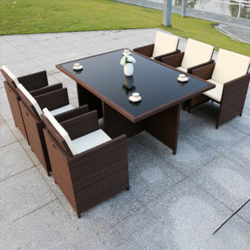 Rattan Dining Table Set with Black Tempered Glass Table for Courtyard