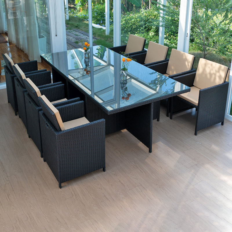 Rattan Dining Table Set with Black Tempered Glass Table for Courtyard