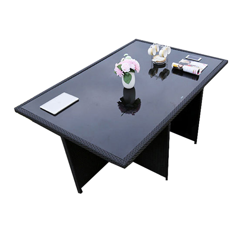 Rattan Dining Table Set with Black Tempered Glass Table for Courtyard