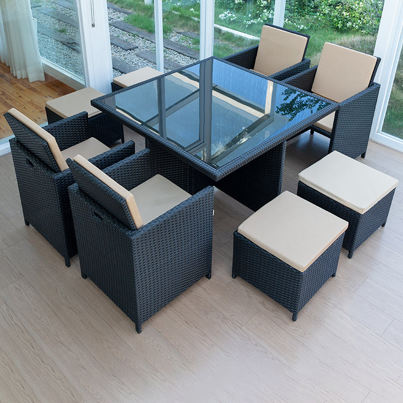 Rattan Dining Table Set with Black Tempered Glass Table for Courtyard