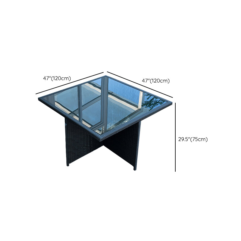 Rattan Dining Table Set with Black Tempered Glass Table for Courtyard