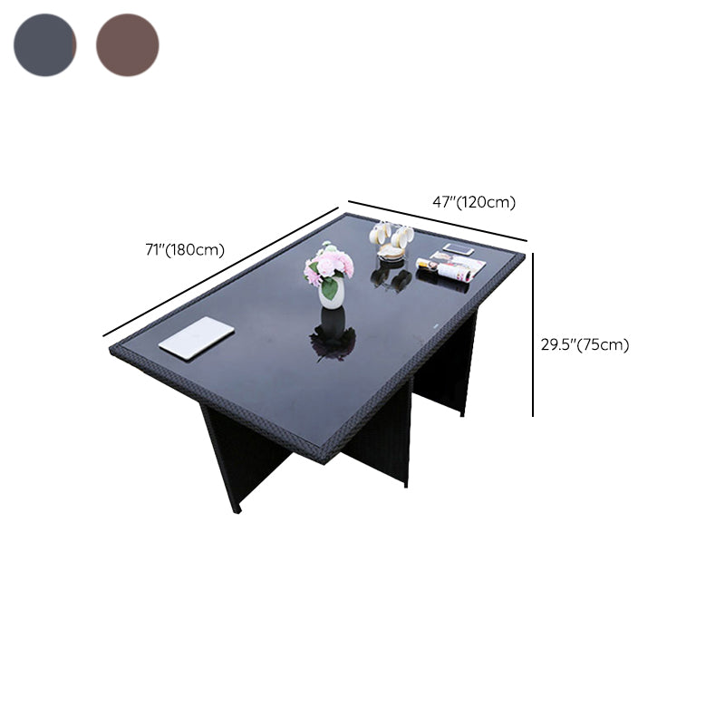Rattan Dining Table Set with Black Tempered Glass Table for Courtyard