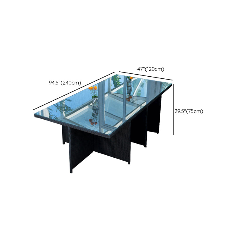 Rattan Dining Table Set with Black Tempered Glass Table for Courtyard