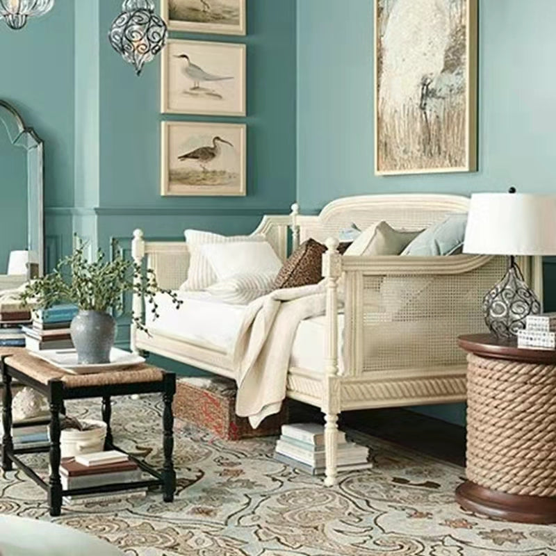 Linen Country Sloped Arms Sofa with Tight Back in Solid Wood