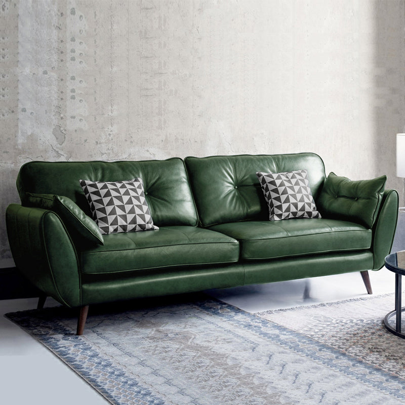 Mid Century Modern Sofa Flare Arm Sofa with Tufted Back in Leather