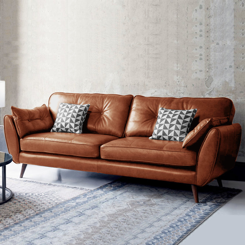Mid Century Modern Sofa Flare Arm Sofa with Tufted Back in Leather