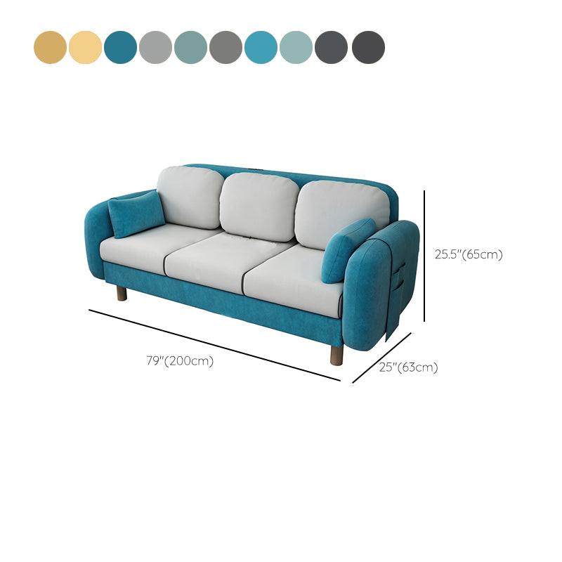 Square Arm Sofa 3 Seater Solid Color Sofa with Storage Side Bag