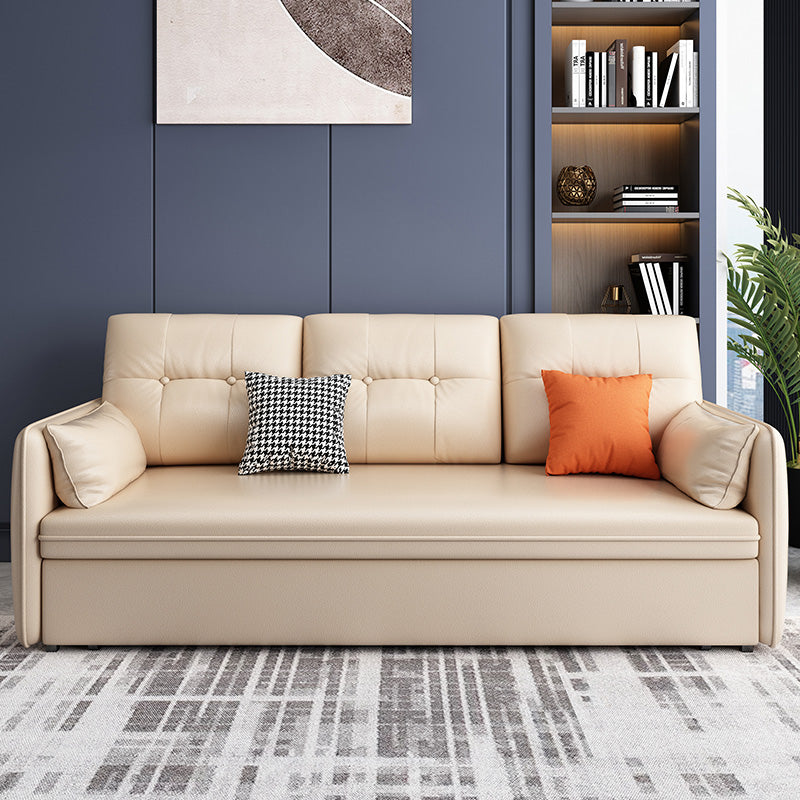 Glam Square Arms Futon And Mattress Faux Leather Sleeper Sofa in Beige