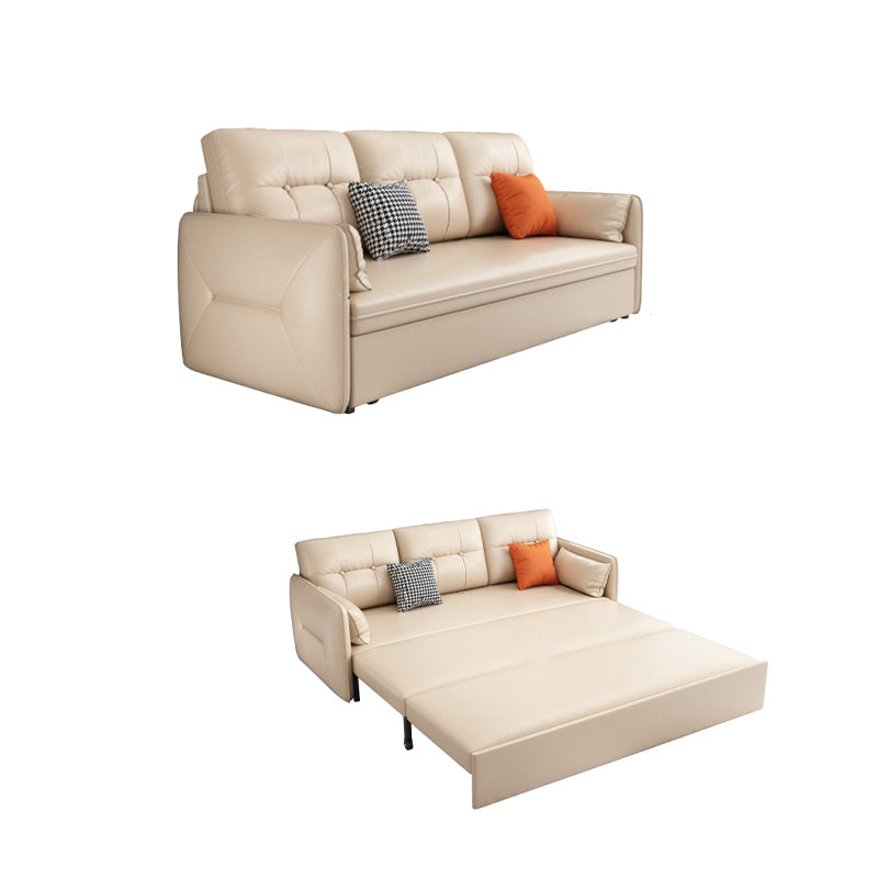 Glam Square Arms Futon And Mattress Faux Leather Sleeper Sofa in Beige