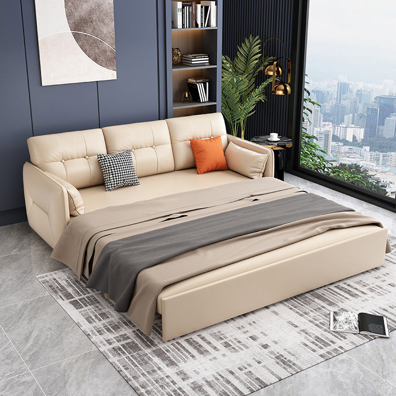 Glam Square Arms Futon And Mattress Faux Leather Sleeper Sofa in Beige