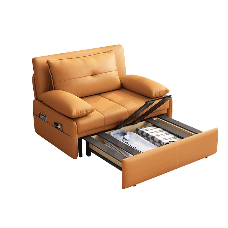 Modern Sofa Bed, Orange Faux Leather Futon and Mattress with Storage