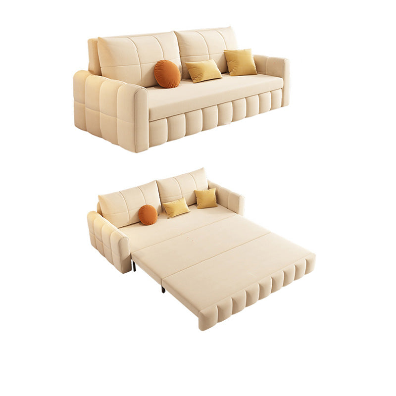 Glam Sofa Bed Square Arms Convertible Sofa in Beige Fabric Upholstery