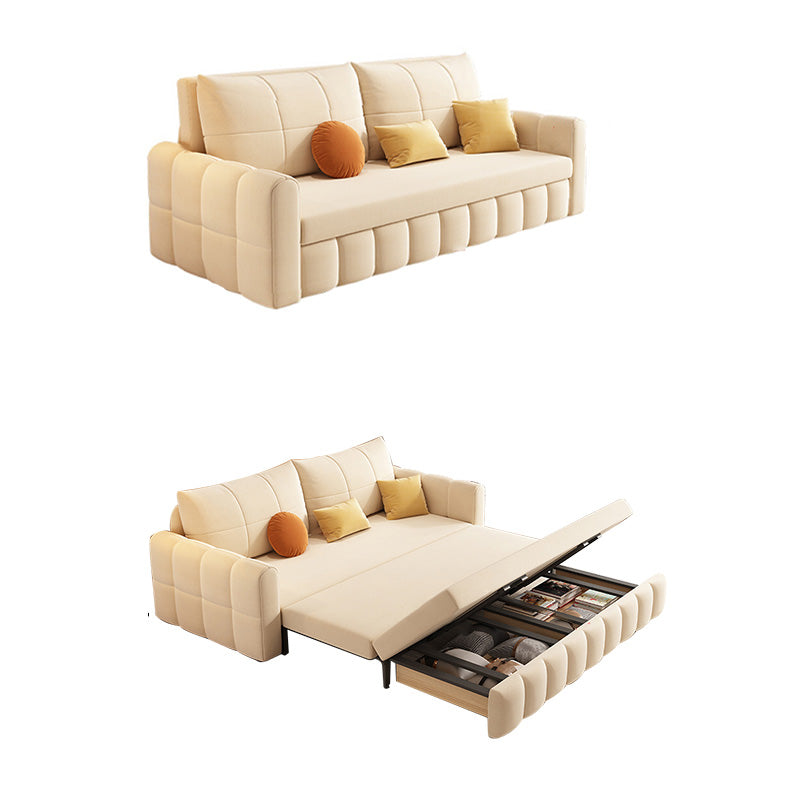 Glam Sofa Bed Square Arms Convertible Sofa in Beige Fabric Upholstery