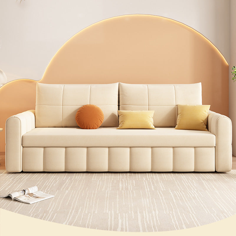 Glam Sofa Bed Square Arms Convertible Sofa in Beige Fabric Upholstery