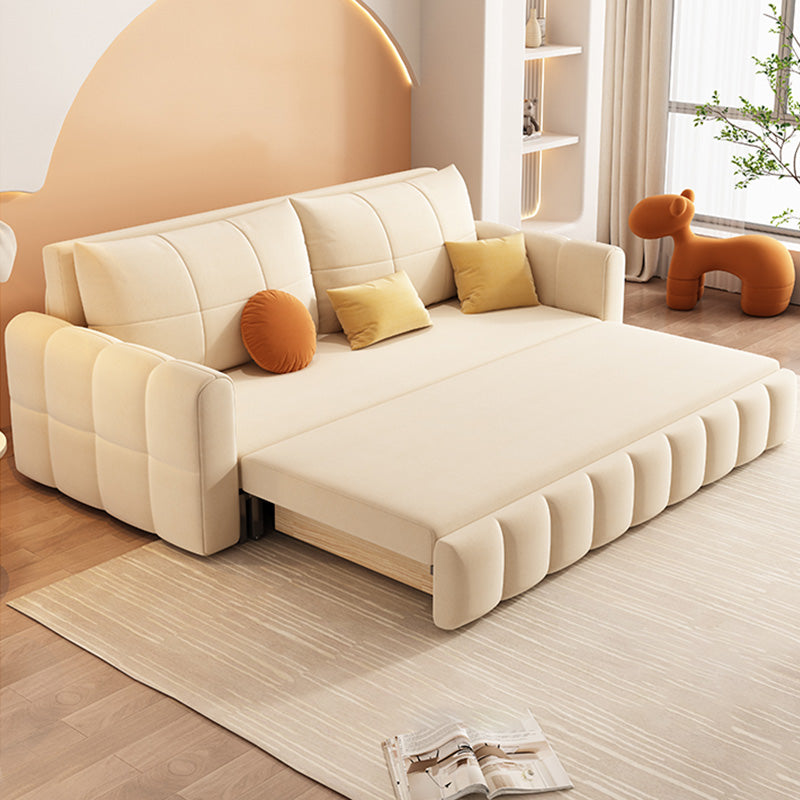 Glam Sofa Bed Square Arms Convertible Sofa in Beige Fabric Upholstery