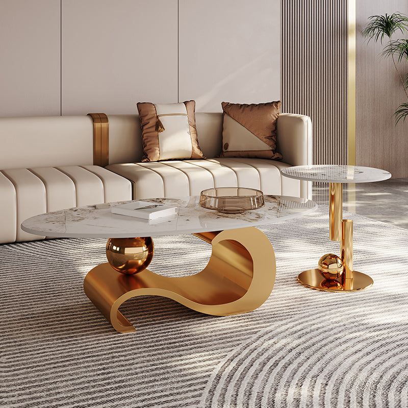 Stainless Steel Abstract Base Cocktail Table Oval Slate Top Coffee Table
