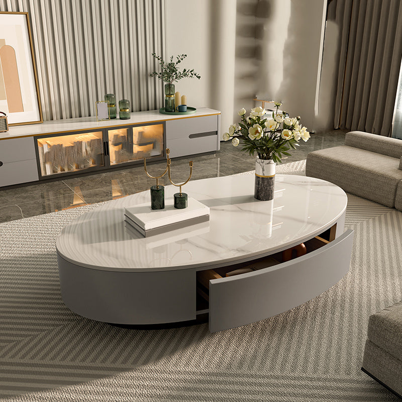 Glam Oval Slate Top Coffee Table 13.77" Tall Cocktail Table with Storage