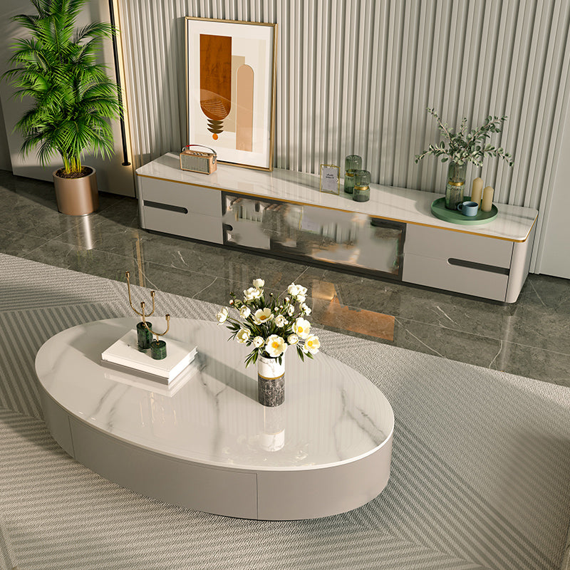 Glam Oval Slate Top Coffee Table 13.77" Tall Cocktail Table with Storage
