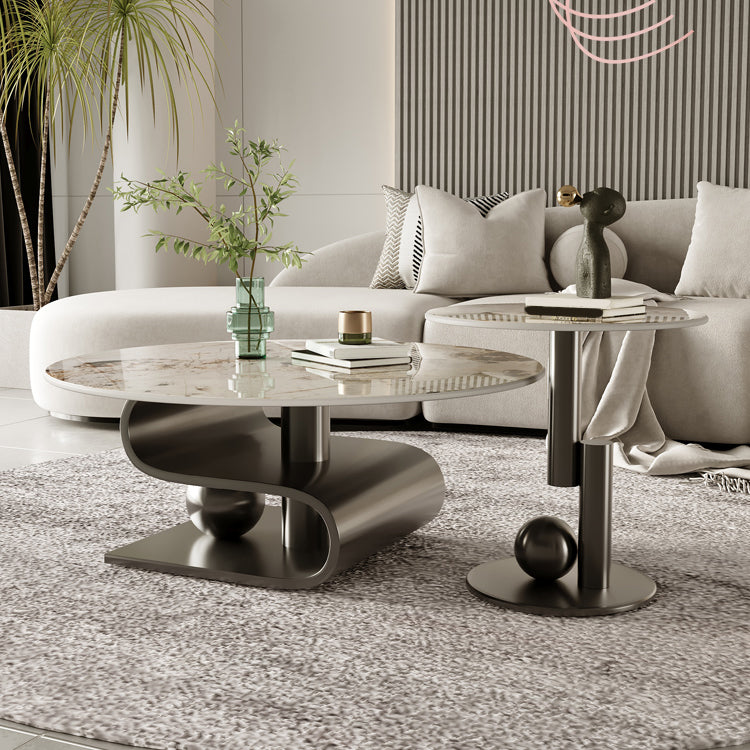 Stainless Steel Abstract Base Cocktail Table Glam Slate Top Coffee Table