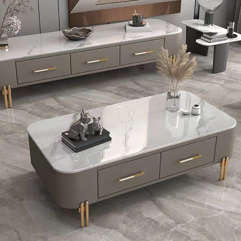 Rectangular Slate Top Coffee Table 4 Legs Cocktail Table with 2 Drawers
