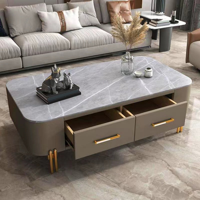 Rectangular Slate Top Coffee Table 4 Legs Cocktail Table with 2 Drawers