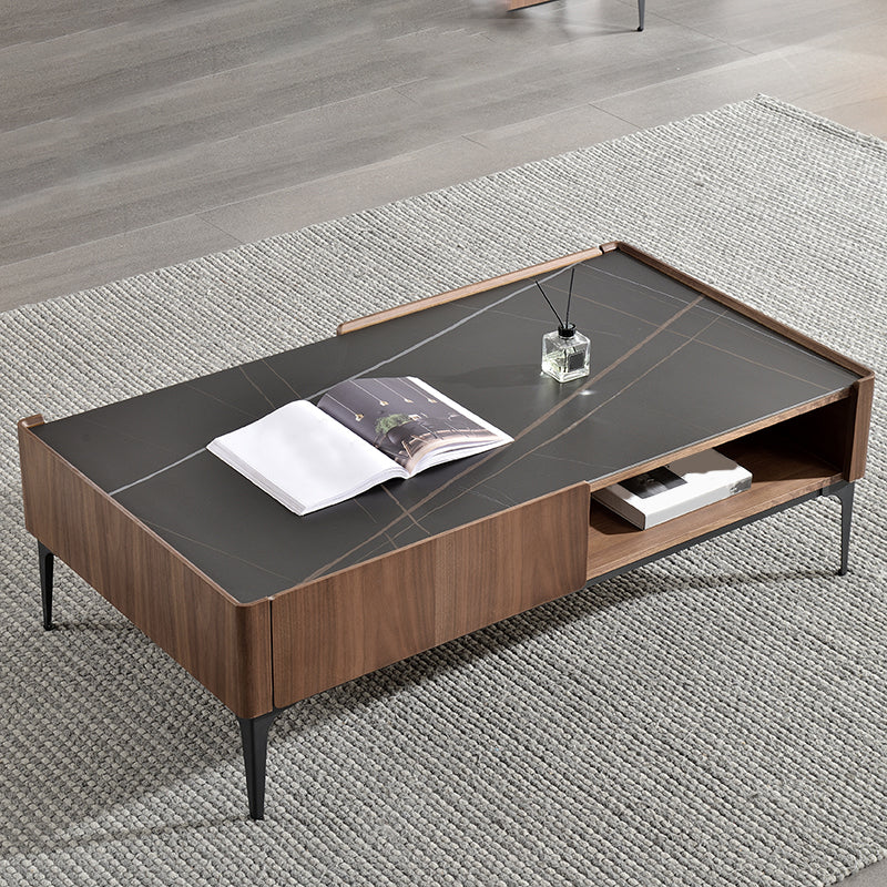 Rectangular Slate Top Coffee Table 4 Legs Cocktail Table with Storage