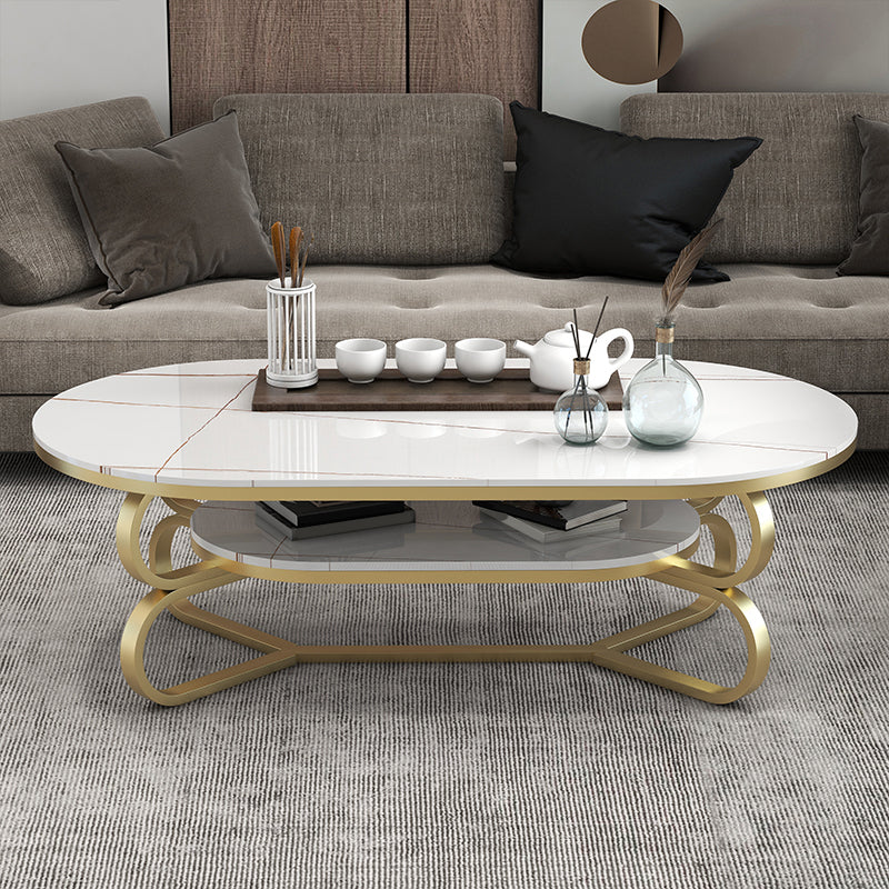 Metal Abstract Base Cocktail Table Oval Slate Top Coffee Table with Shelf