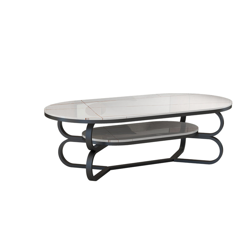 Metal Abstract Base Cocktail Table Oval Slate Top Coffee Table with Shelf