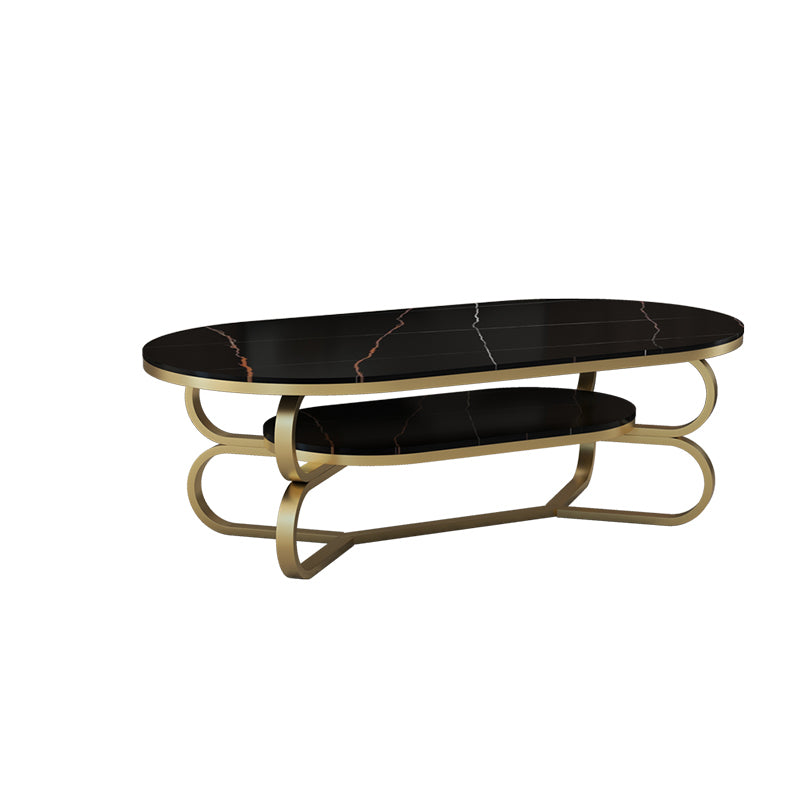 Metal Abstract Base Cocktail Table Oval Slate Top Coffee Table with Shelf