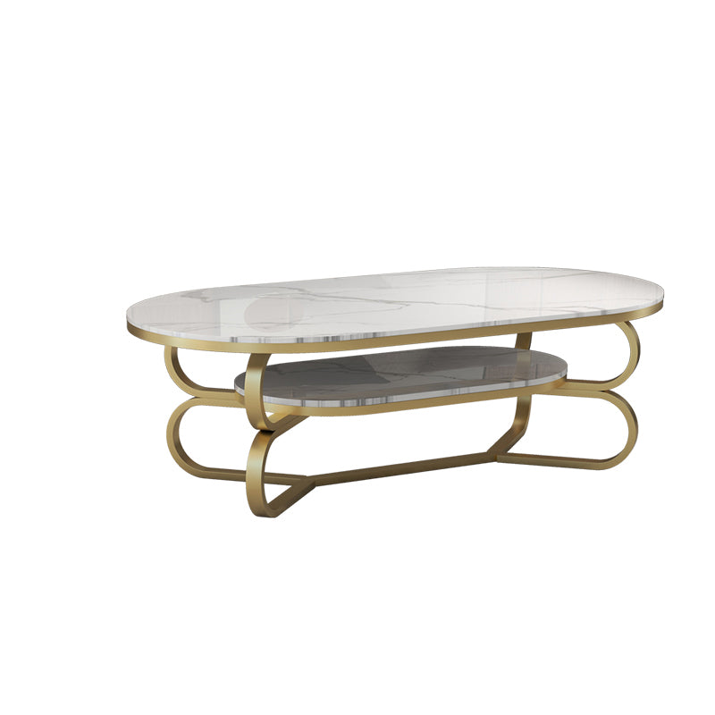 Metal Abstract Base Cocktail Table Oval Slate Top Coffee Table with Shelf